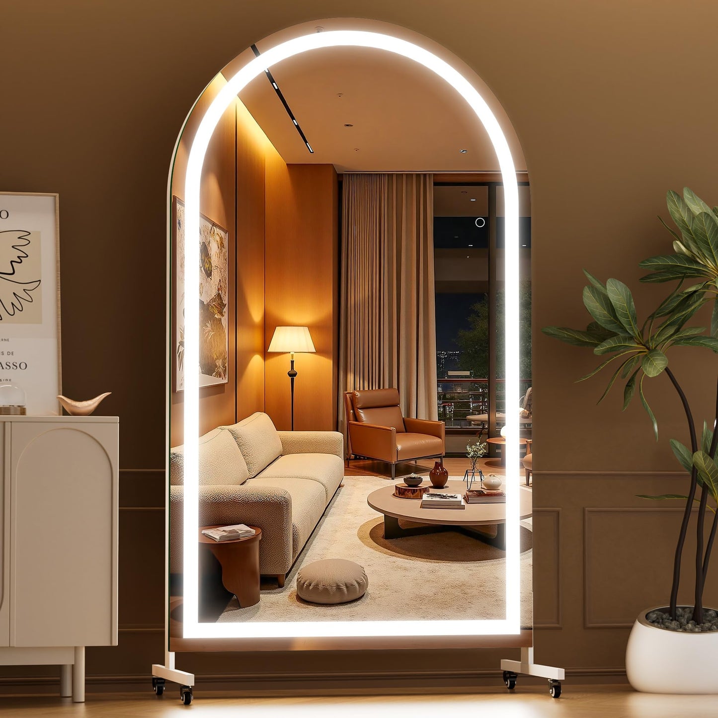 Hasipu 67" x 40" Arched LED Rolling Gym Mirror with Wheels, Dimmable Lighted Body Mirror with 3 Color Temperatures & Adjustable Brightness for Bedroom, Yoga Studio & Home Gym