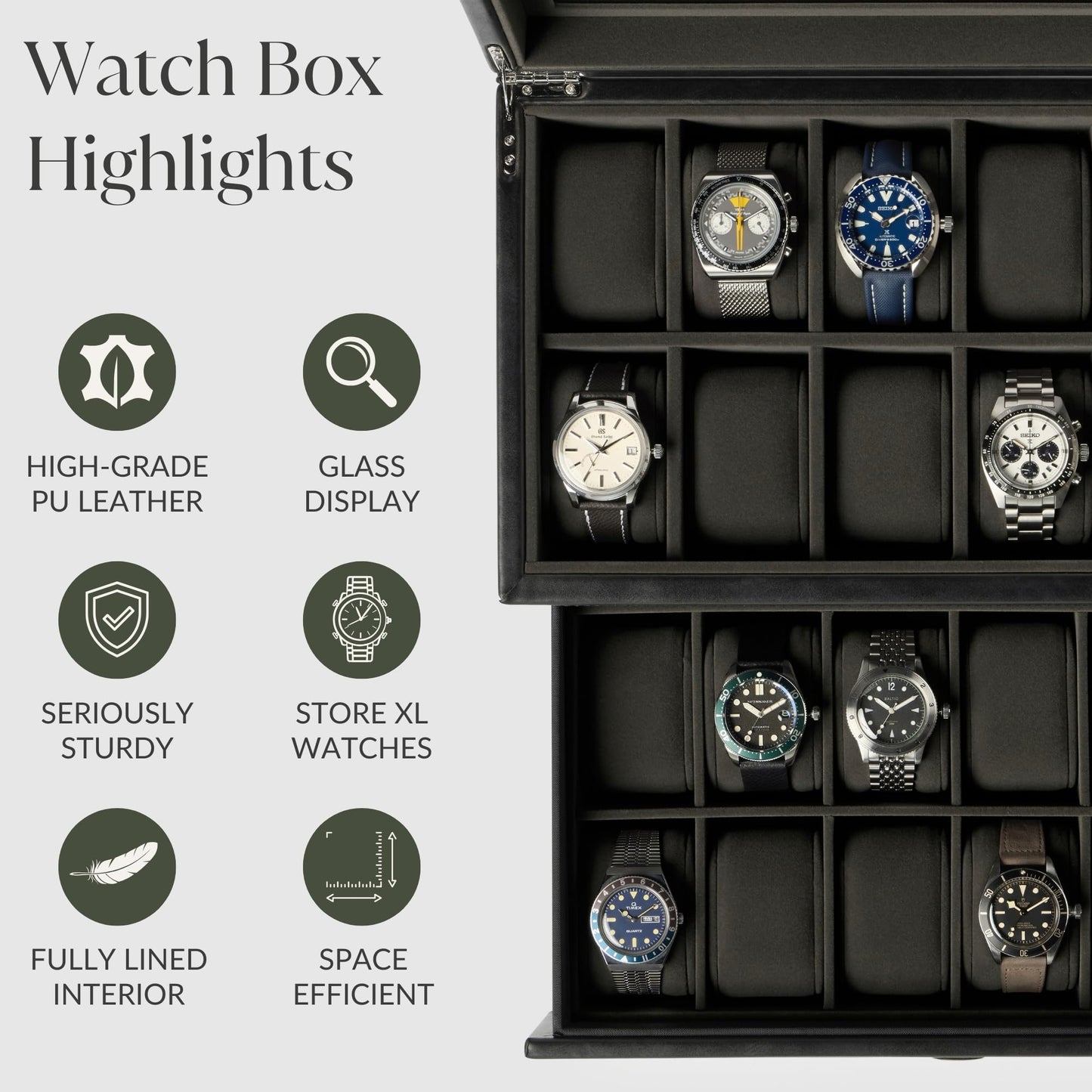 TAWBURY Watch Box for Men - Extra Large 24 Slot Watch Case with Real Glass Display, Removable Drawer and 2-inch Wide Pillows for Large Watches (Black/Charcoal)