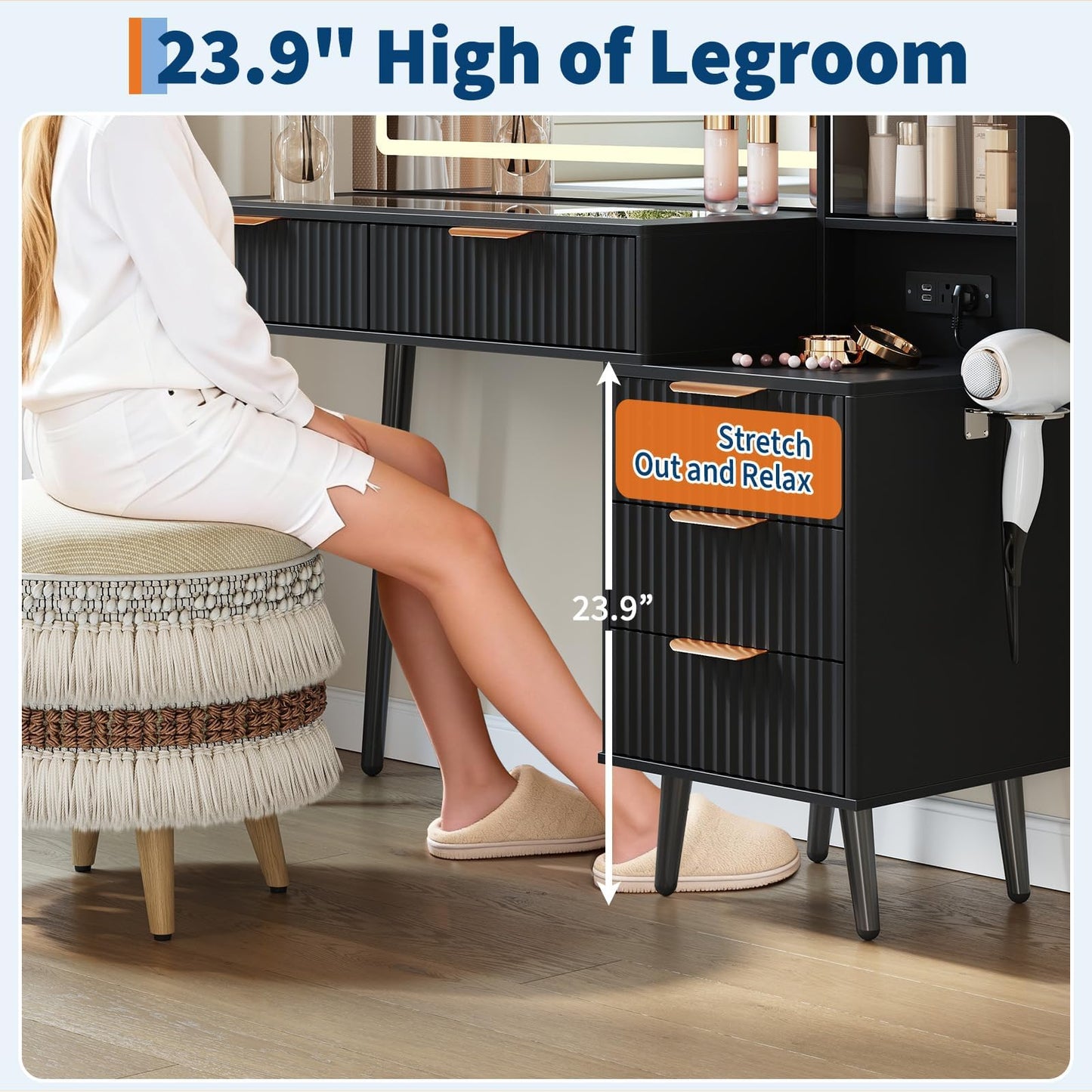 GarveeHome Fluted Makeup Vanity Desk with Lights, 48" Big Vanity with Glass Top and Large 36" HD Lighted Mirror, Modern Dressing Table with 5 Drawers 3-Tier Shelves Set w/Charging Station