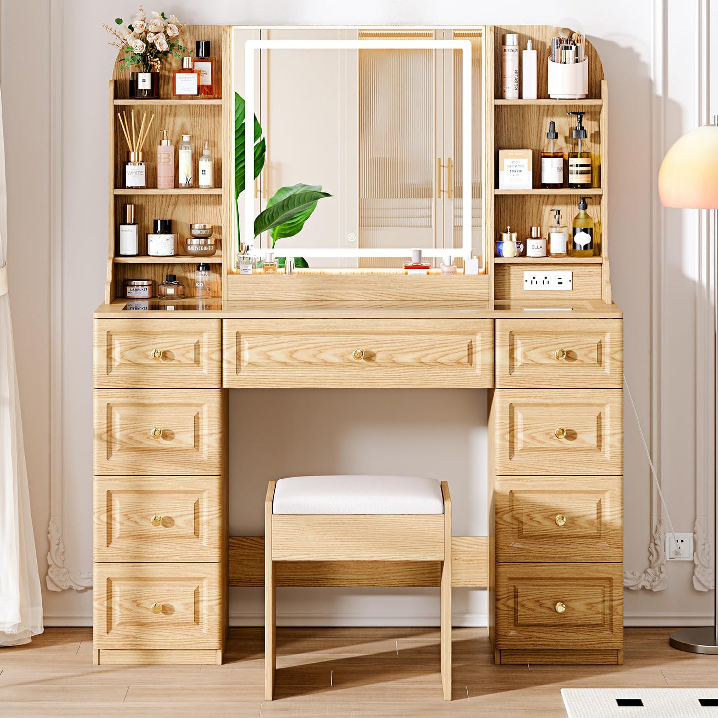 Arulvmrn 43" Makeup Vanity Desk with Mirror and Lights, & Power Outl, Glass Top Big Vanity Table with 9 Drawers& 8 Storage Shelves, Dressing Table Set with Chair for Bedroom, Wood