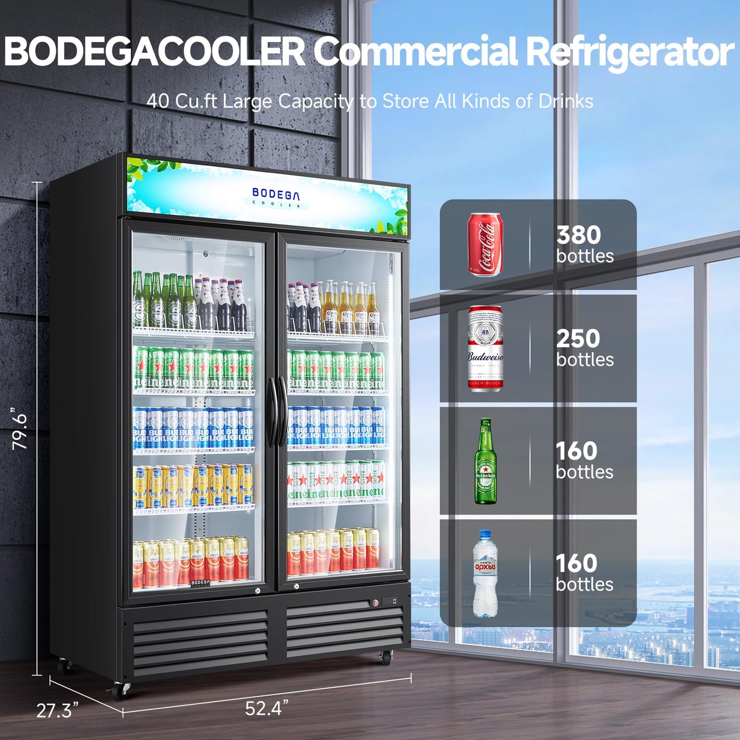 BODEGACOOLER Commercial Merchandiser Refrigerator, 40 Cu.Ft Double Glass Door Beverage Cooler, Upright Display Refrigerator with Soft LED Light, Adjustable Shelves, 4 Heavy-Duty Casters, Black