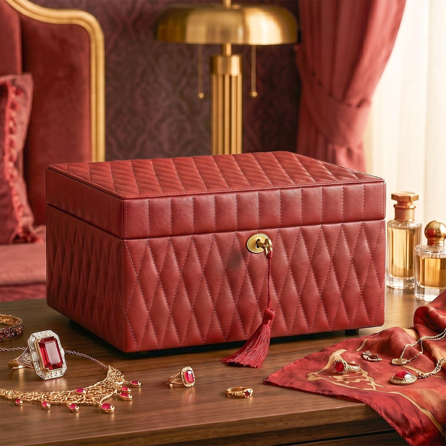 Homruilink Genuine Leather Jewelry Box – 3 Layer Large Jewelry Organizer with Mirror, Lockable Jewelry Box for Women – Necklace, Ring, Earring Organizer with Drawer - Mothers Day Gifts for Mom (Red)