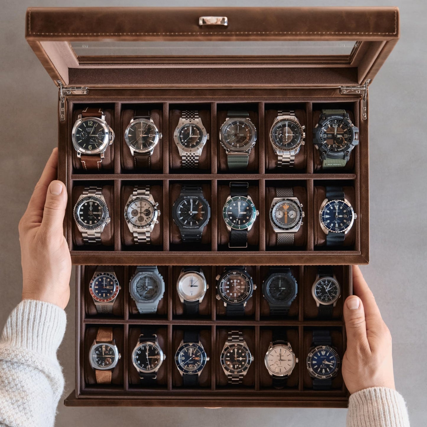TAWBURY 24 Slot Watch Box for Men - Extra Large Watch Case with Double-Layer Design for Optimized Storage | Removable Drawer for Easy Handling (Brown)