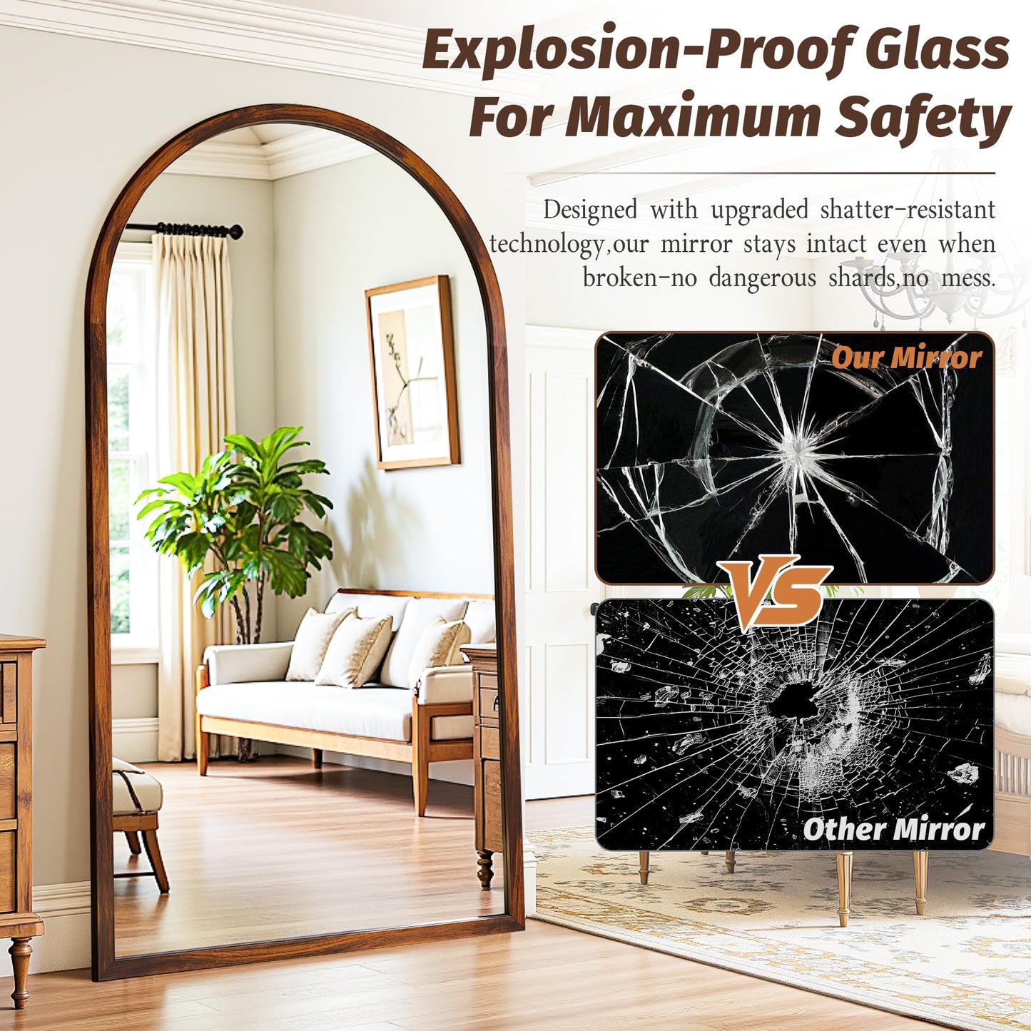 Full Length Mirror 82"×44" Floor Mirror Standing Tall Mirror, Arched Stand up Large Wall Mirrors, Freestanding Full Body Mirrors for Bedroom Living Room Wood Antique Style Walnut