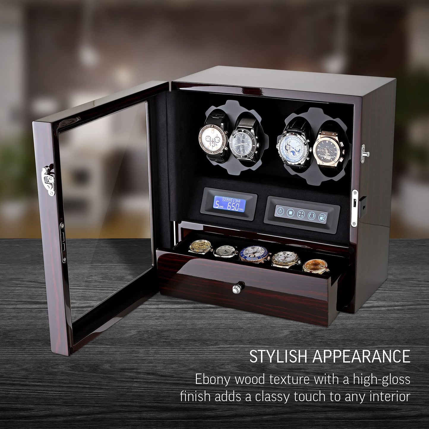 4 Watch Winder with 5 Watch Storage Space, LCD Display, Touch Control and Interior Light (Ebony + Black Velvet)