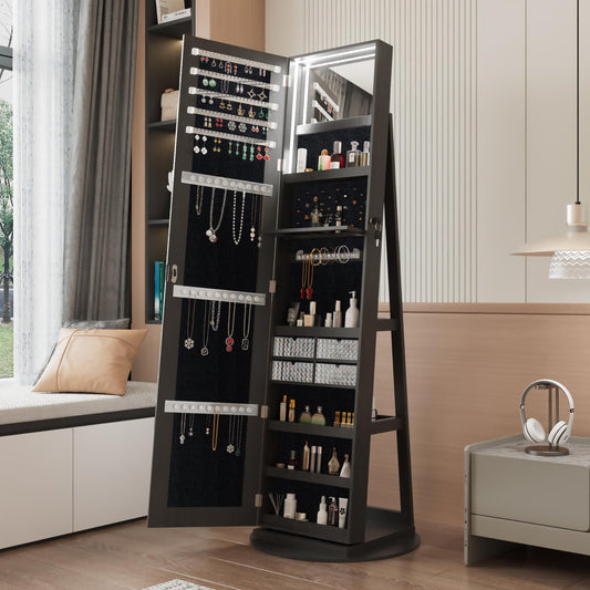 KEIKI 360°Swivel Jewelry Armoire with Full Length Mirror, 62.3" Rotating Standing Jewelry Armoire Organizer, Lockable Storage Cabinet, Interior Lighted Mirror, Black