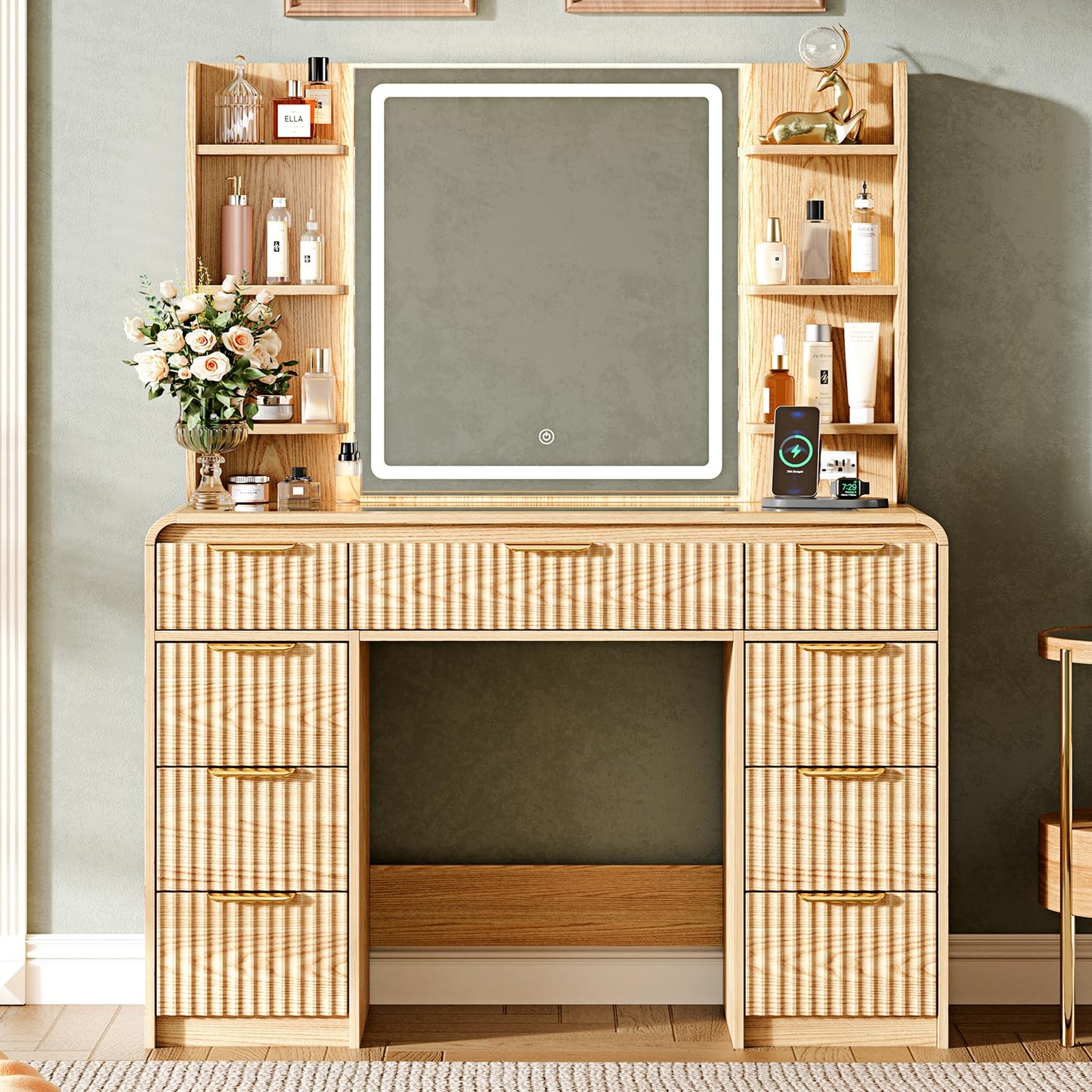 GRUTEUNIT 43" Makeup Vanity Desk with Mirror and Lights&Power Outl, 3 Adjustable Light Color,Glass Top Big Vanity Table with 9 Drawers & 6 Shelves,Girls Vanity for Bedroom, Oak