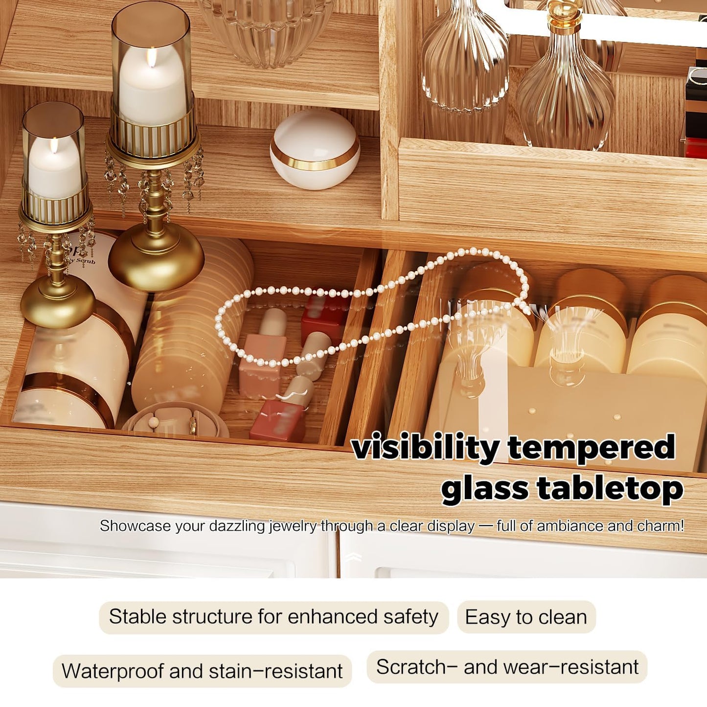 Arulvmrn 43" Makeup Vanity Desk with Mirror and Lights, & Power Outl, Glass Top Big Vanity Table with 9 Drawers& 8 Storage Shelves, Dressing Table Set with Chair for Bedroom, Oak