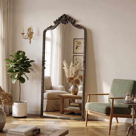 Riskioir Bronze Arched Full Length Mirror, 32"x71" Traditional Vintage Ornate Baroque Floor Mirror with Carved, Home Decor for Bedroom Living Room Entryway Hallway