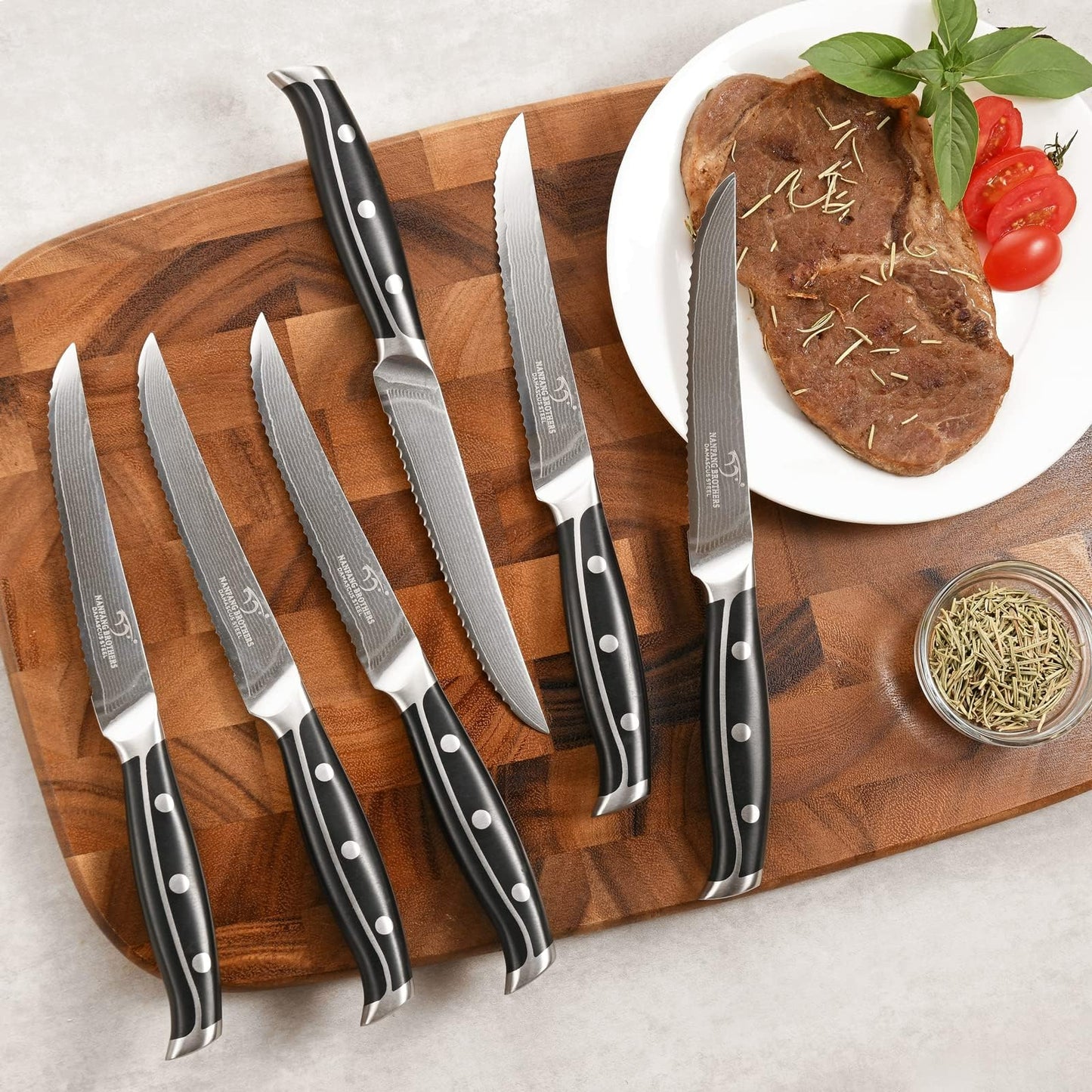 16-Piece Damascus Knife Set with Block, VG10 67-Layer Damascus Steel Kitchen Knife Set with Triple-Rivet Handles, 6 Steak Knives, Meat Fork, Sharpener & Scissors, Natural Wood