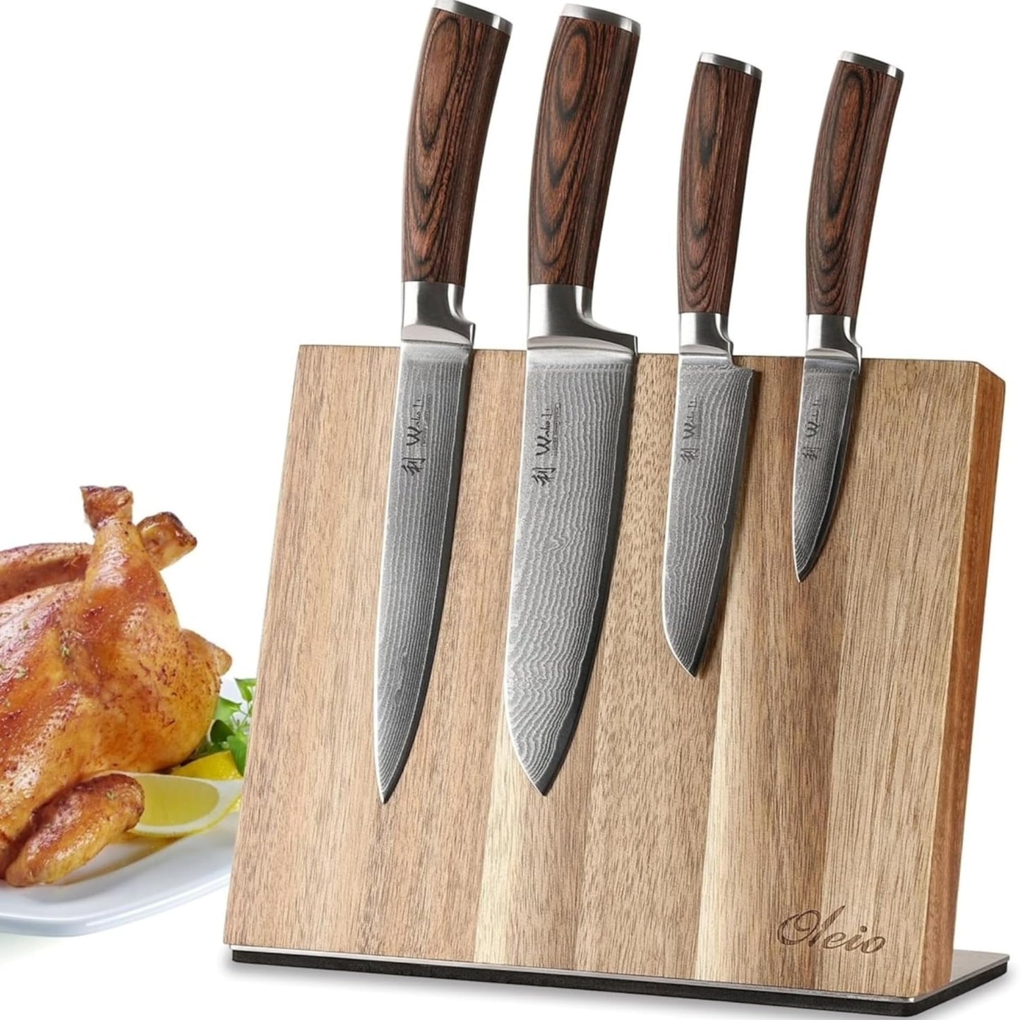 Wakoli EDIB 4-Piece Damascus Knife Block Set – Professional Kitchen Knives with Magnetic Acacia Block, 67-Layer Damascus Steel Blades and Ergonomic Pakkawood Handles – Premium Knife Set with Block