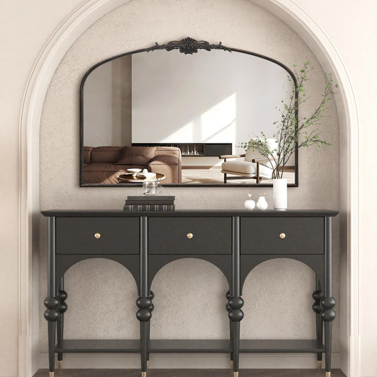 Besdomus Antique Arched Large Mirror: 48"x33" French Oversize Black Arch Antique Wall Mounted Mirror - Baroque Traditional Ornate for Living Room/Fireplace/Bathroom- Home Decor for Interior Designers