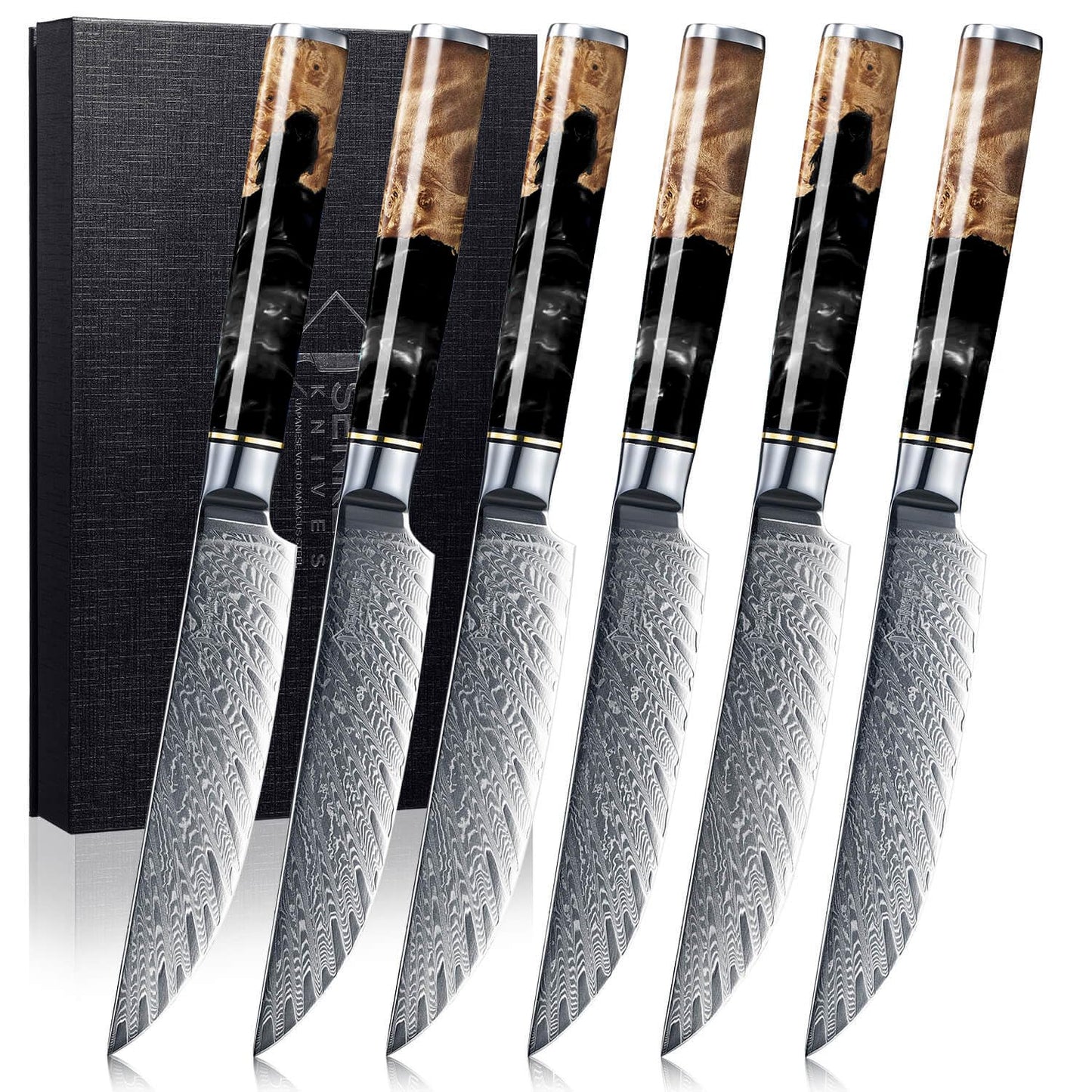 SENKEN Damascus Steak Knife Set - Black Tsunami Collection - 67-Layer Japanese VG10 Steel - Razor Sharp Non-Serrated Blades, Black Resin & Burl Wood Handles, Luxury Gift Box