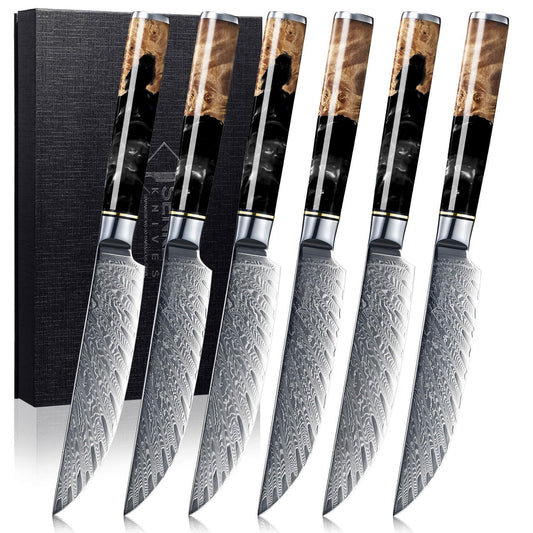 SENKEN Damascus Steak Knife Set - Black Tsunami Collection - 67-Layer Japanese VG10 Steel - Razor Sharp Non-Serrated Blades, Black Resin & Burl Wood Handles, Luxury Gift Box