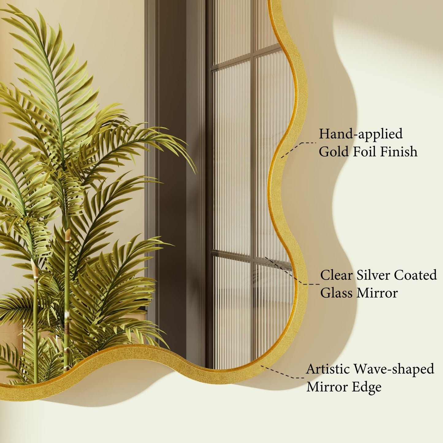 Kelly Miller 26x48 Inch Gold Scalloped Mirror, Large Rectangular Wavy Edge Bathroom Vanity Wall Mirror Decorative for Bedroom Living Room Entryway Fireplace Mantle