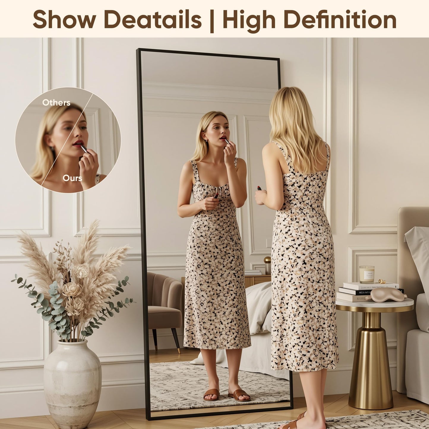 Antok 82''x44'' Full Length Mirror, Shatterproof HD Oversized Floor Mirror with Stand, Aluminum Alloy Frame Leaning Standing or Wall Mounted Mirror for Bedroom Living Room Entryway, Black