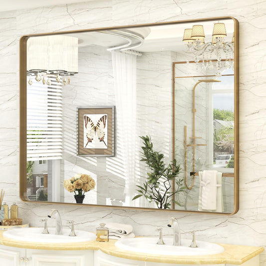 CHARMOR 48x40 Gold Bathroom Mirror, Brushed Metal Frame Gold Vanity Mirror, Large Rectangle Mirror for Wall, Rounded Corner, Shatterproof, Anti-Rust (Horizontal/Vertical)