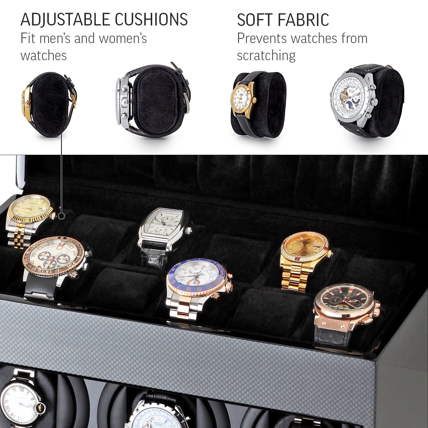 Watch Winder and Storage box for winding 3 Automatic Watches and 12 Watch Storage Space (Carbon + Black)