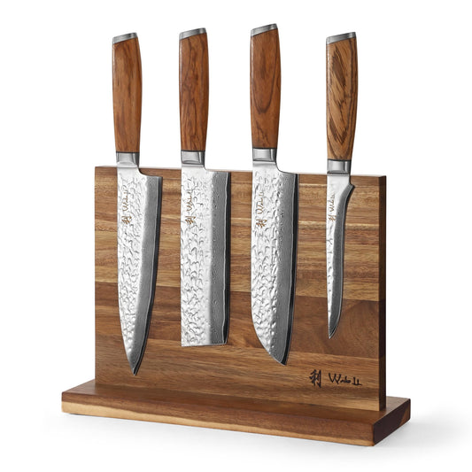 Wakoli Damascus Knife Block Set – 4-Piece Professional Kitchen Knives with Magnetic Block – Kitchen Knife Set made of 67-Layer Damascus Steel Blades & Ergonomic Zebrawood Handles