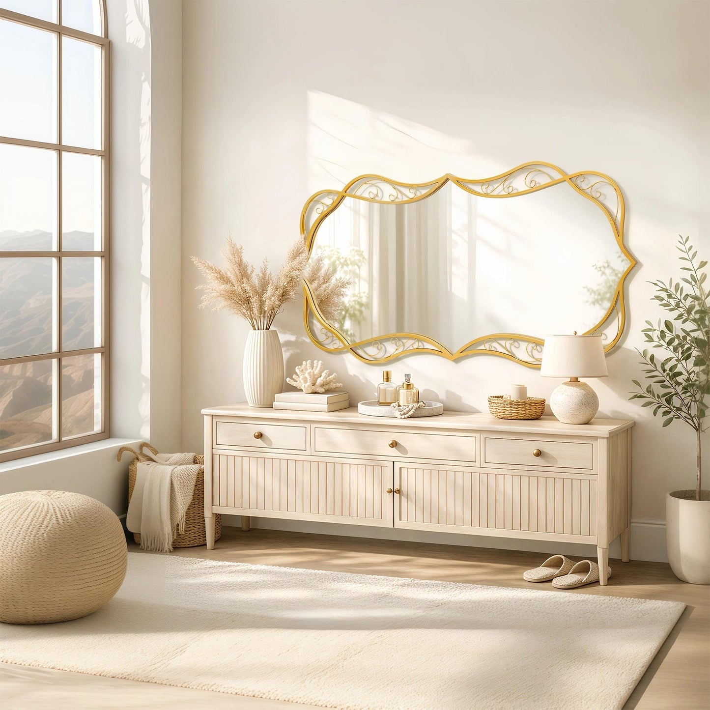 Besdomus Large Bathroom Gold Mirror: 30"x60" Scalloped Modern Long Full Length Vanity Wall Mirror - Farmhouse Decorative Vertical or Horizontal Hanging for Bathroom/Entryway/Fireplace/Bedroom