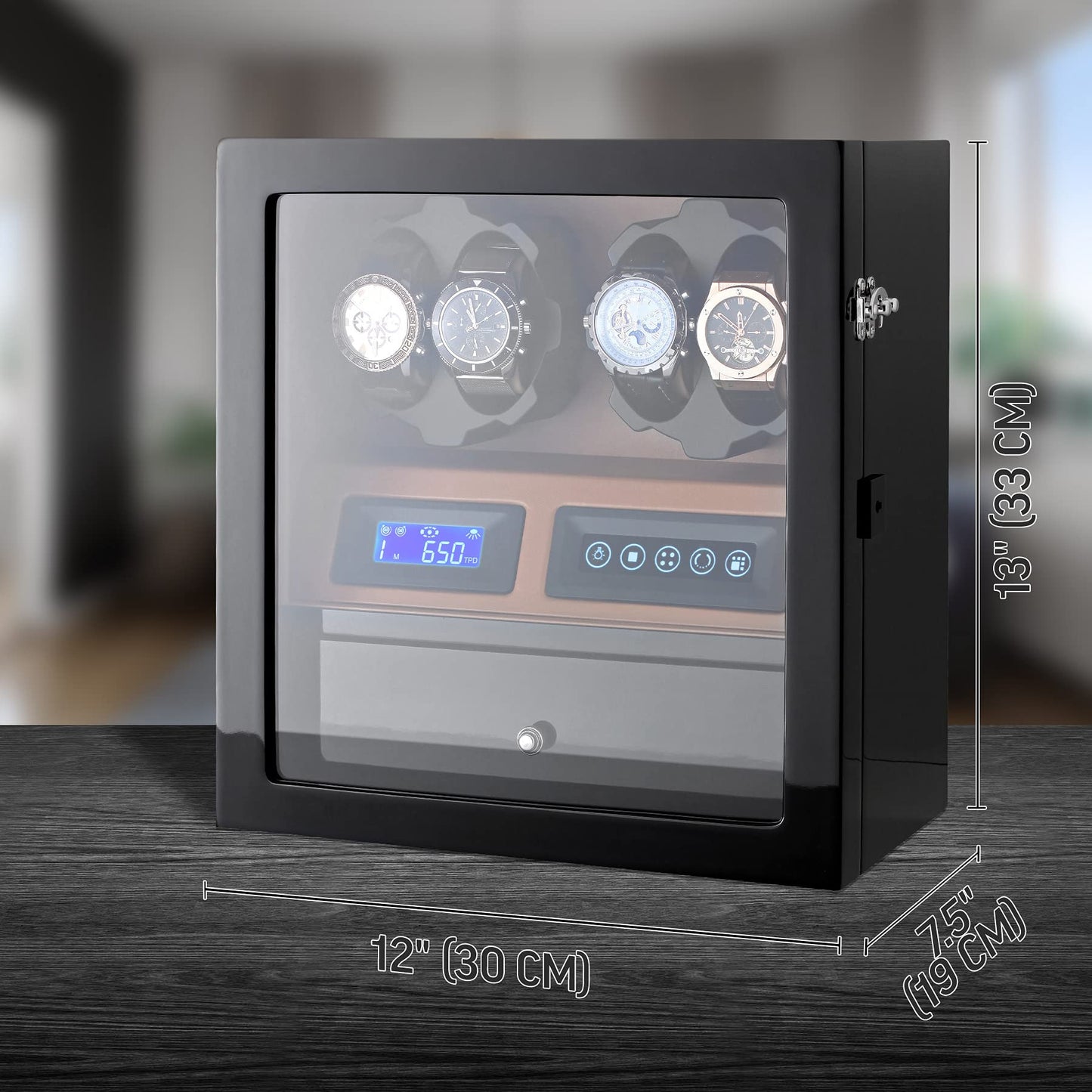 4 Watch Winder with 5 Watch Storage Space, LCD Display, Touch Control and Interior Light (Black + Brown)
