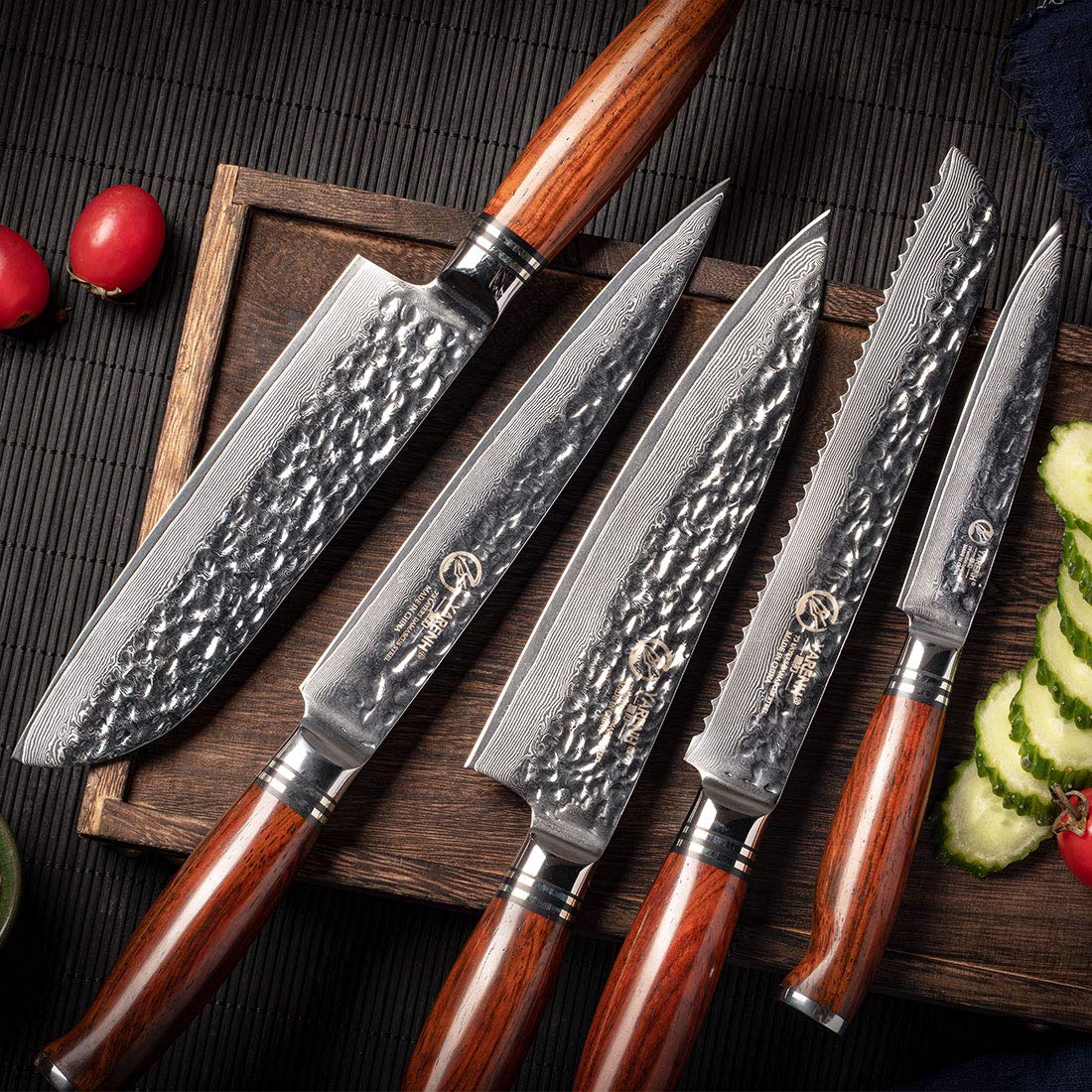 YARENH Chef Knife Set without Block, 5 Piece Professional Sharp Kitchen Knives,Damascus Stainless Steel, 73 Layers, Full Tang, Dalbergia Wood Handle, HTT Series