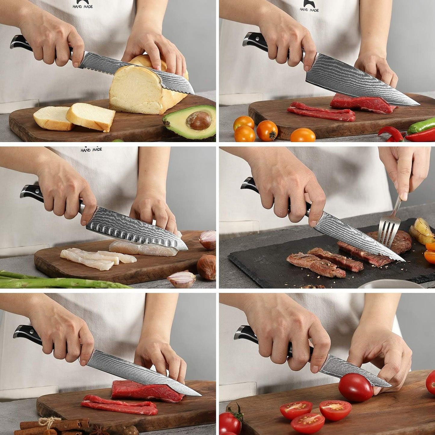 16-Piece Damascus Knife Set with Block, VG10 67-Layer Damascus Steel Kitchen Knife Set with Triple-Rivet Handles, 6 Steak Knives, Meat Fork, Sharpener & Scissors, Natural Wood