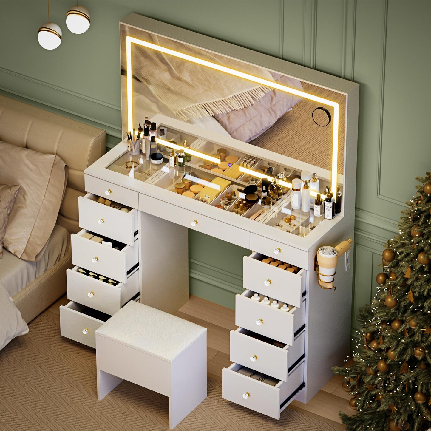 Fkhouse 11 Drawers Glass Top Vanity Desk with Chair, Crystal Handles Makeup Vanity with Mirror and Lights, Dressing Table with Power Outlet, Adjustable Lighting Modes, White