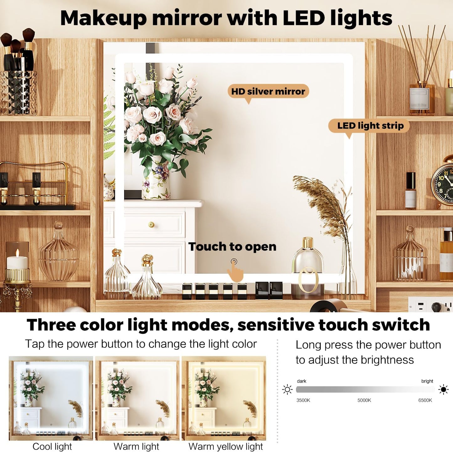 Arulvmrn 43" Makeup Vanity Desk with Mirror and Lights, & Power Outl, Glass Top Big Vanity Table with 9 Drawers& 8 Storage Shelves, Dressing Table Set with Chair for Bedroom, Oak