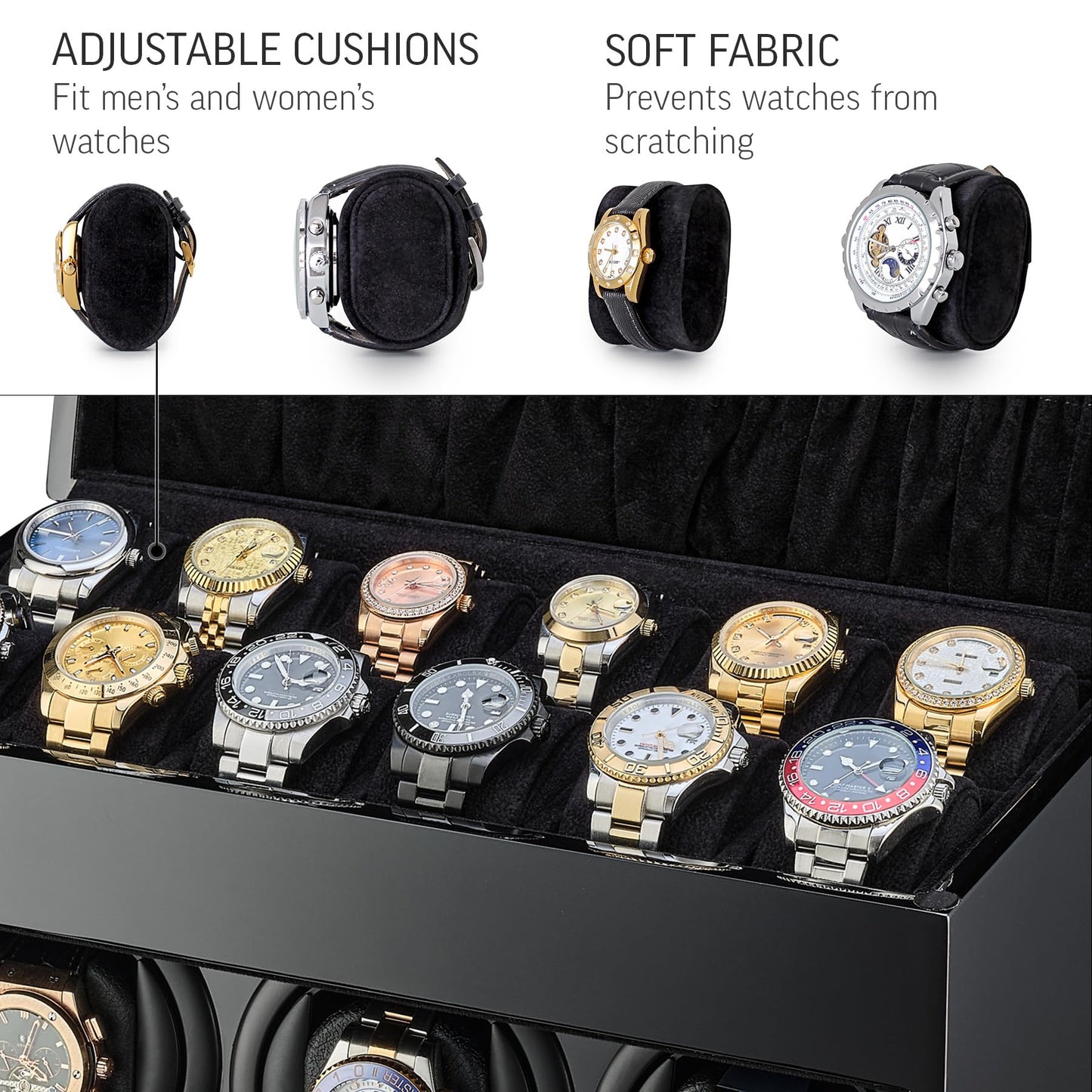 Watch Winder and Storage Box for Winding 3 Automatic Watches and 12 Watch Storage Space (Black+ Black)