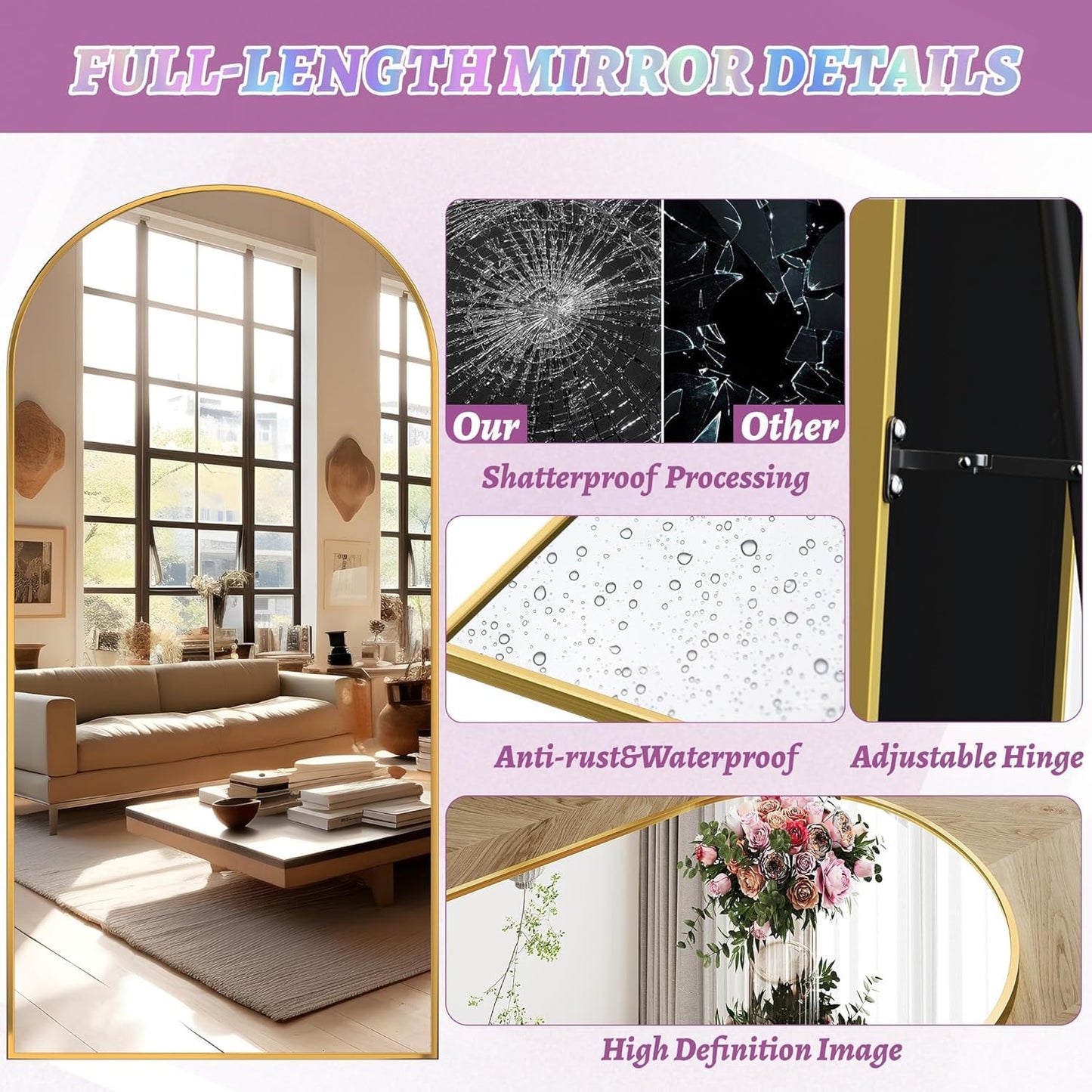 LadyNow Full Length Mirror, 41"x81" Arched Floor Mirror Freestanding, Floor Standing Full Body Mirror with Stand for Bedroom, Hanging Mounted for Living Room Cloakroom, Gold