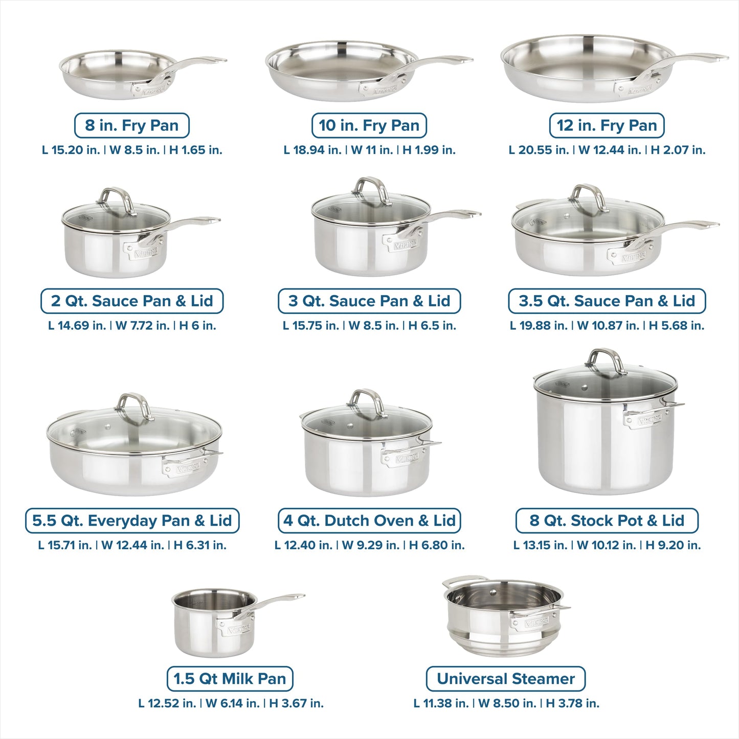Viking 3-Ply Pots and Pans Set, 17 Piece Stainless Steel Cookware Glass Lids, Steamer Insert, Silver