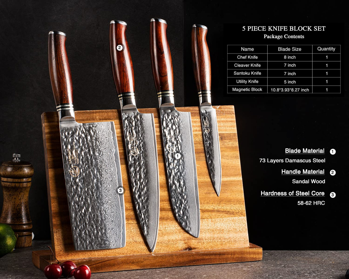 YARENH Cleaver Knife Set with Magnetic Block, Damascus Stainless Steel,73 Layers, 5 Piece Professional Sharp Kitchen Knife Set for Chef, Full Tang, Sandalwood Wood Handle