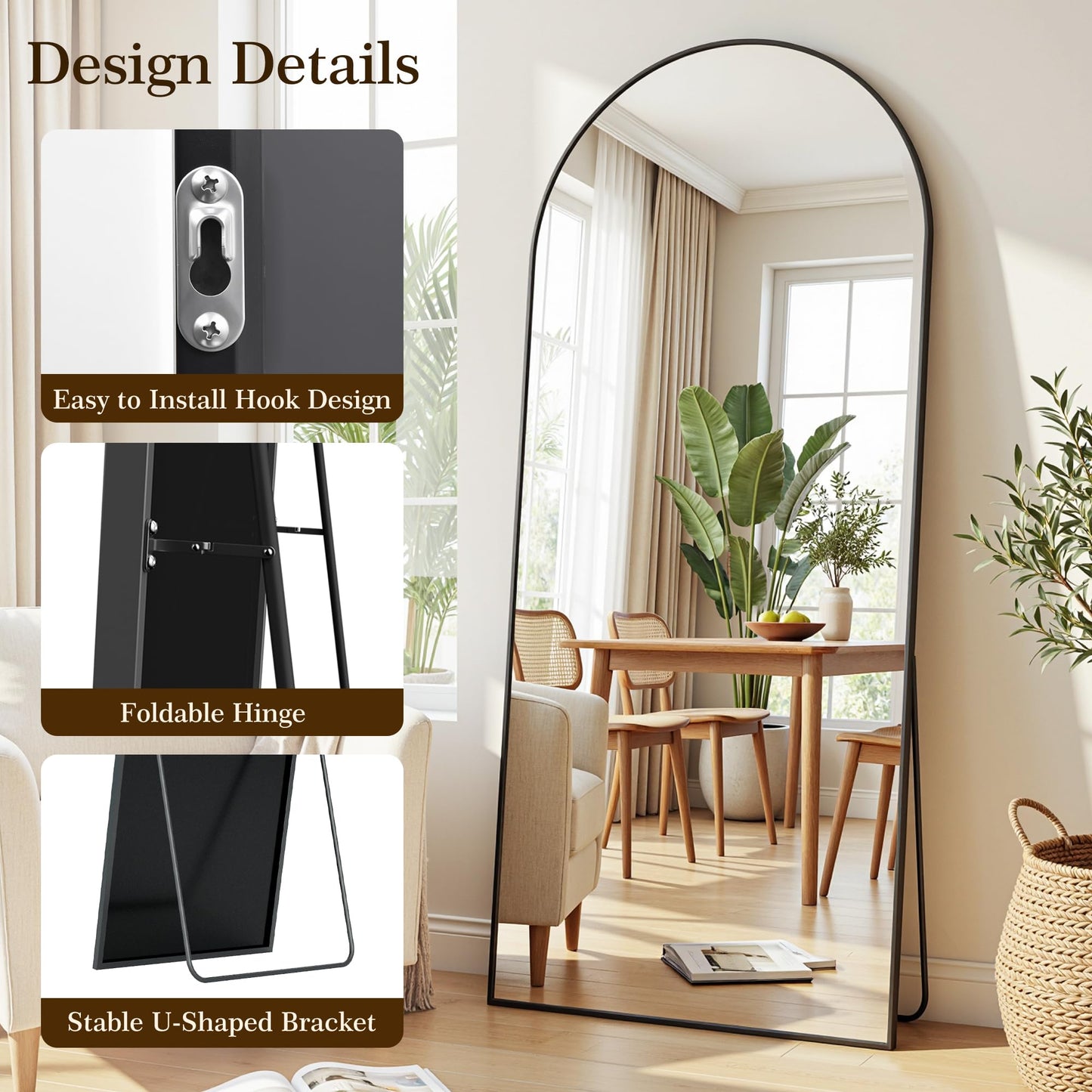 Homsion 81"x41" Arched Full Length Mirror with Stand, Free Standing Leaning Wall Mounted Aluminum Alloy Frame Mirror for Bedroom Living Room Cloakroom, Black