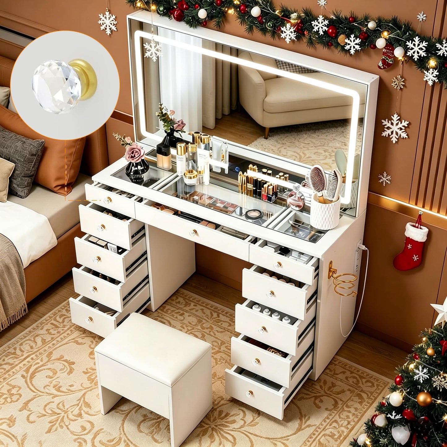 Pamapic Glass Top Makeup Vanity with Crystal Handles, 11 Drawers Vanity Desk with Mirror and Stool, 3 Lighting Modes Dressing Table with Charging Station, White