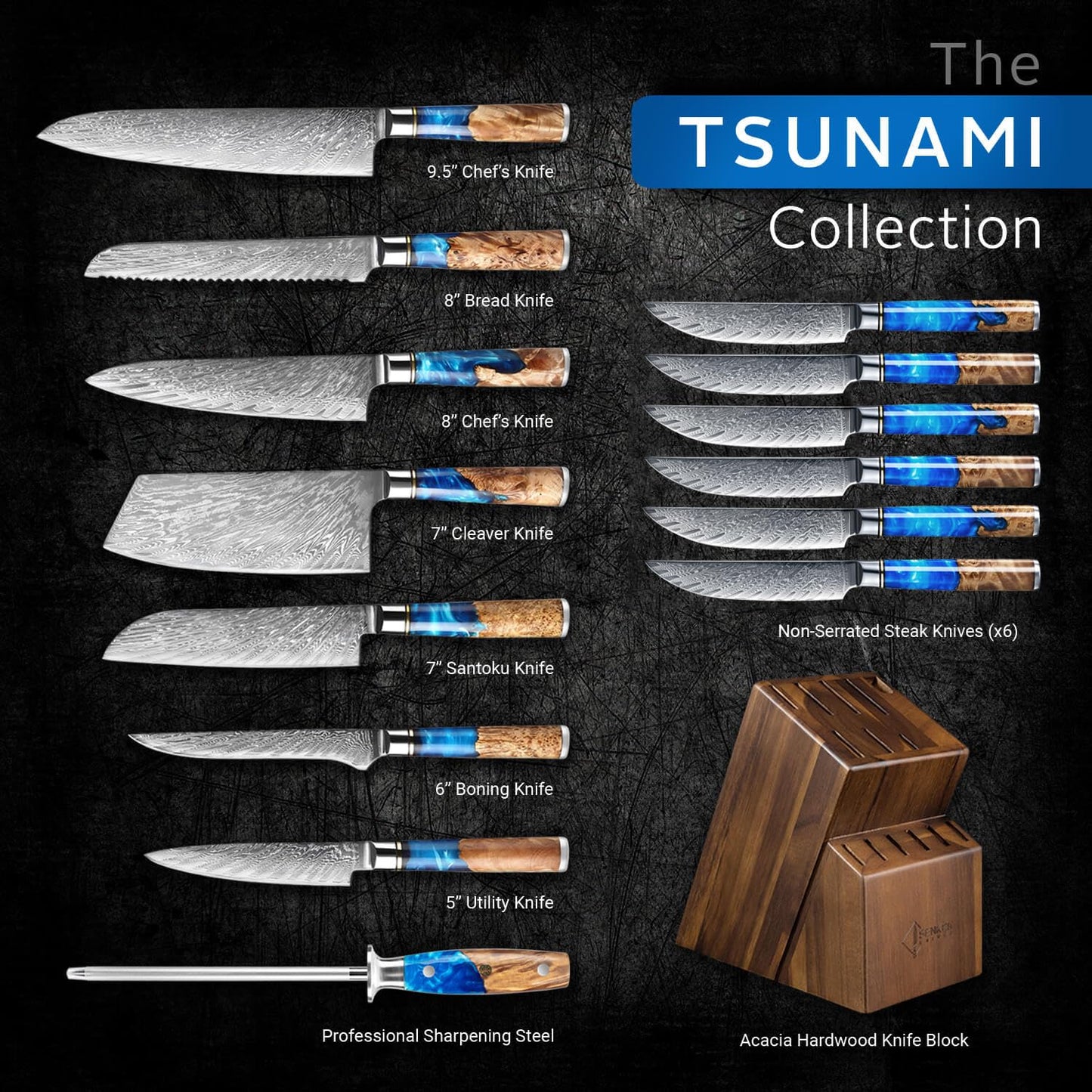 SENKEN 15-Piece Damascus Knife Block Set - "Tsunami" Collection Japanese Chef Knife Set - 67-Layer Japanese VG10 Steel Blades, Includes Chef Knife, Cleaver, 6 Steak Knives (Blue)