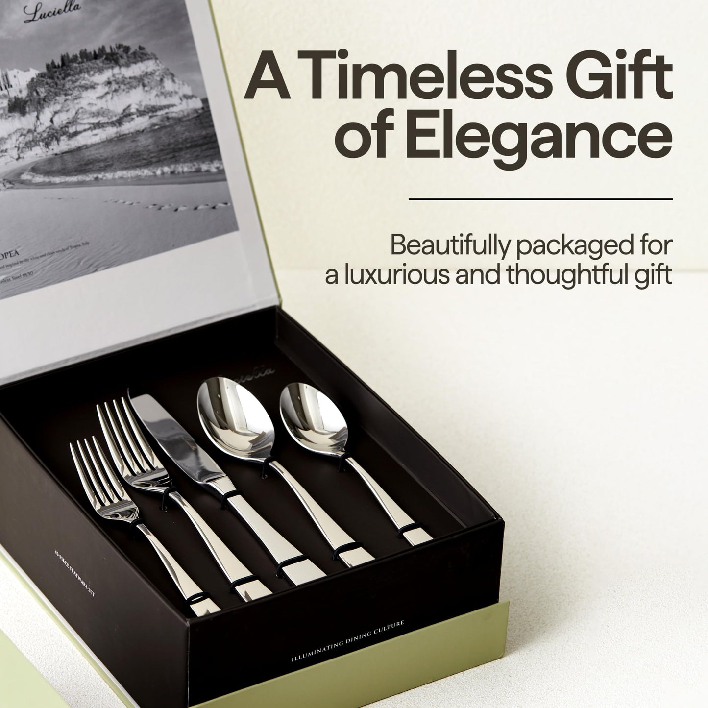 Luciella Tropea Flatware Set for 12, 65-Piece Premium 18/10 Stainless Steel Silverware Set with Serving Utensils, Modern Mirror Finish, Rust Resistant, Dishwasher Safe, House Warming Gifts New Home