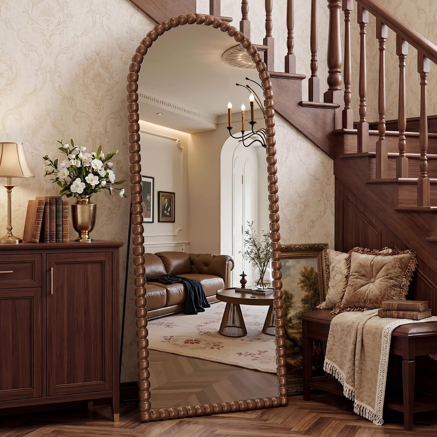 FlyEcho Arched Full Length Mirror, 71"x28" Antique Beaded Full Body Mirrors, Large Floor Mirror with Stand, Hanging Mounted for Bedroom Living Room Cloakroom Hallway Decor, PU Frame, Brown