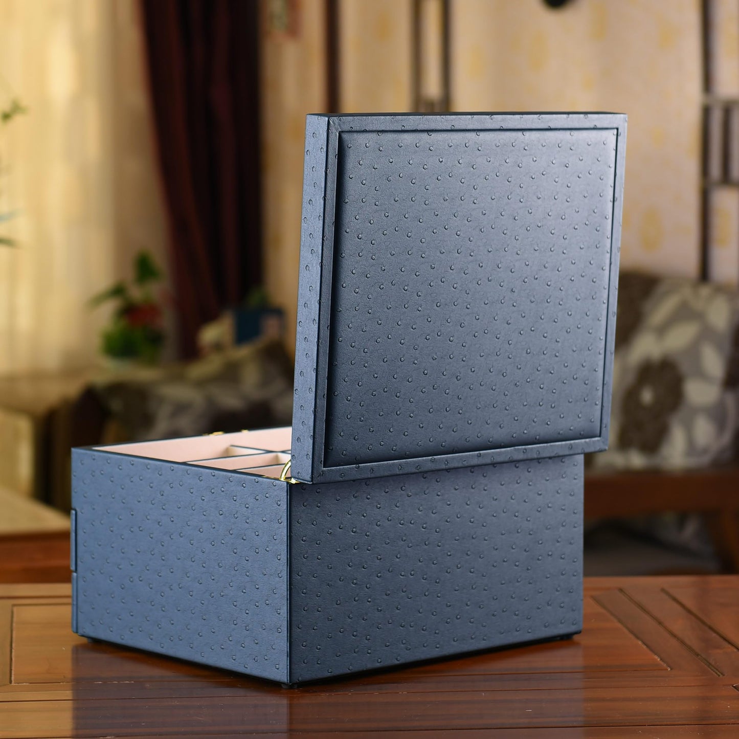 SYENS Luxury Sunglasses Organizer, 24 Slot Glasses Storage Box for Women Men, PU Leather Box for Eyeglass Display Case (Blue Ostrich skin PU)