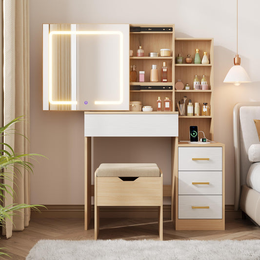GarveeHome Makeup Vanity Desk with Sliding Mirror, Vanity Dressing Table with 3 Color Adjustable Lights, Girls Vanity Set with Stool, 4 Compact Vanity Drawers, Power Outlet, Natural