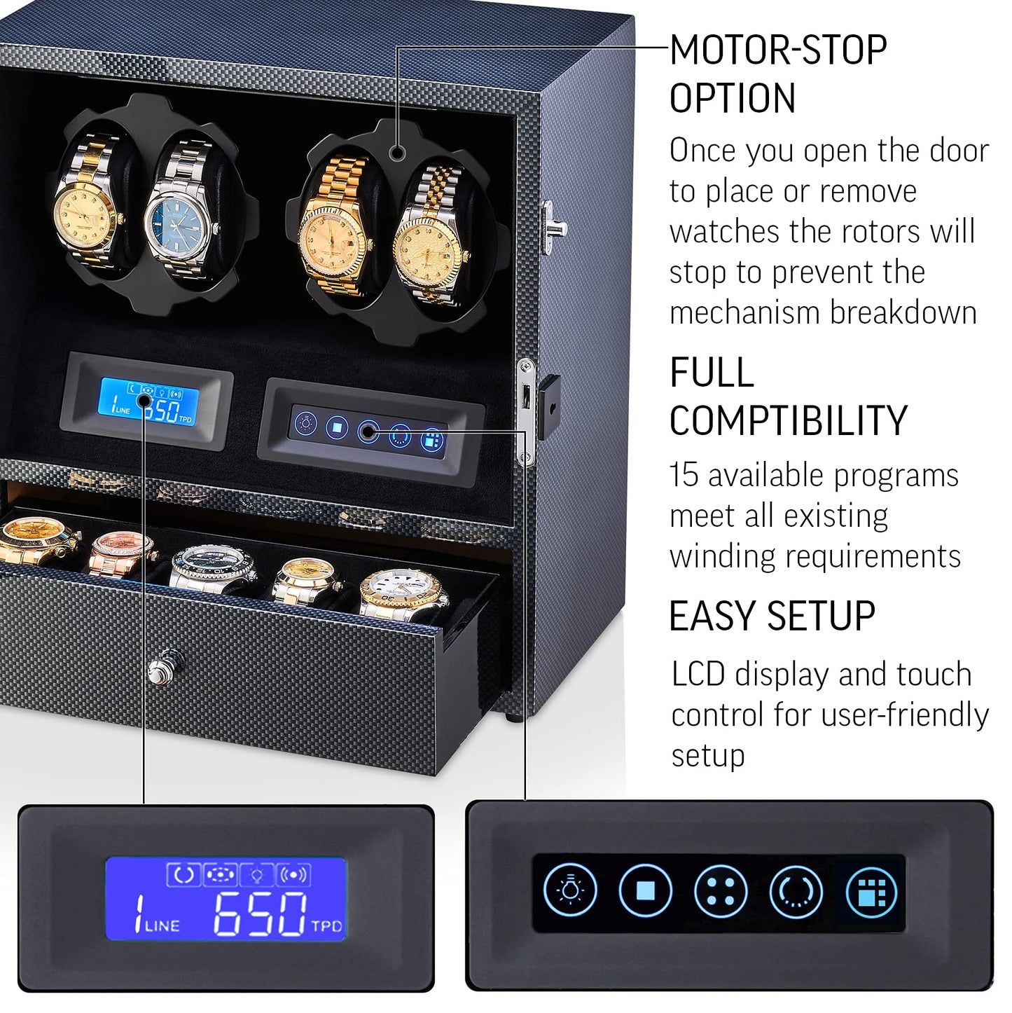 4 Watch Winder with 5 Watch Storage Space, LCD Display, Touch Control and Interior Light (Carbon + Black Velvet)