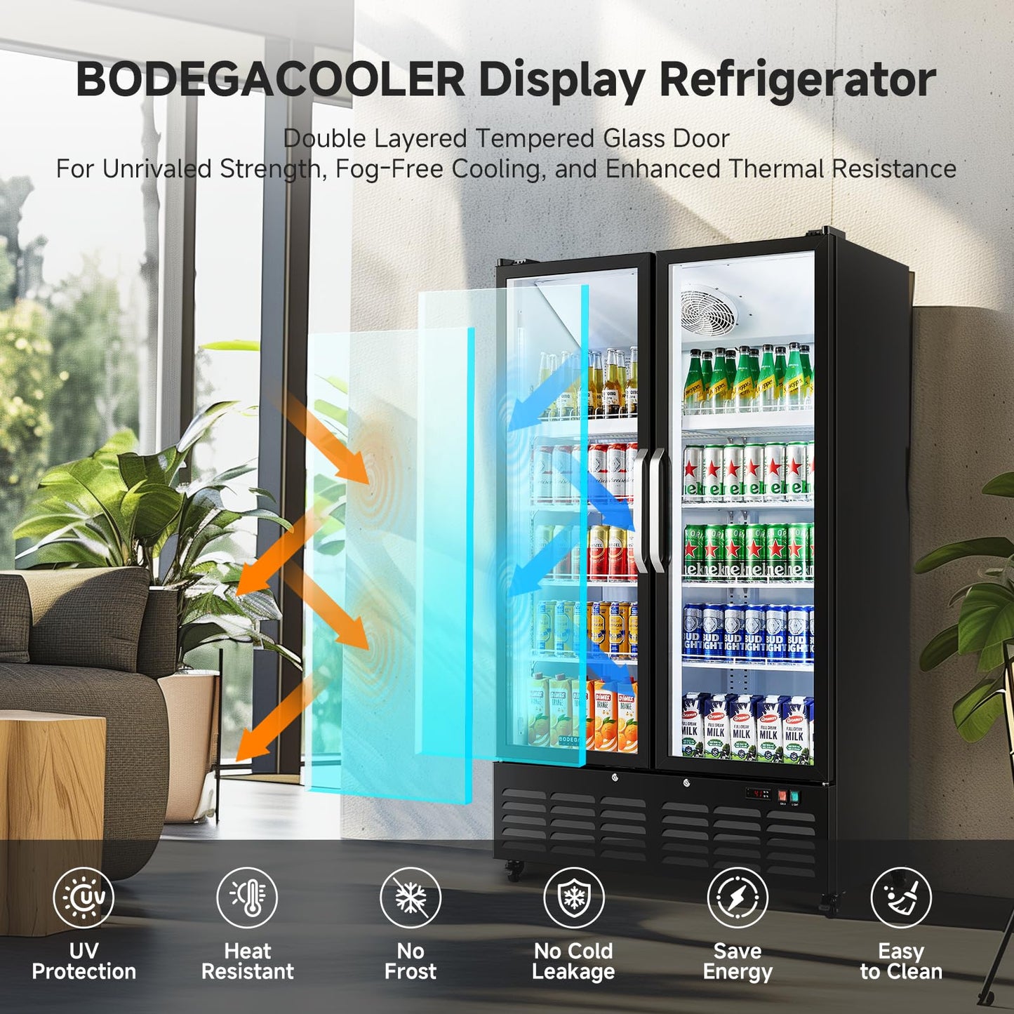 BODEGACOOLER Commercial Merchandiser Refrigerator, 27.02 Cu.Ft Double Glass Door Beverage Cooler, Upright Display Refrigerator with Soft LED Light, Adjustable Shelves, 4 Heavy-Duty Casters, Black