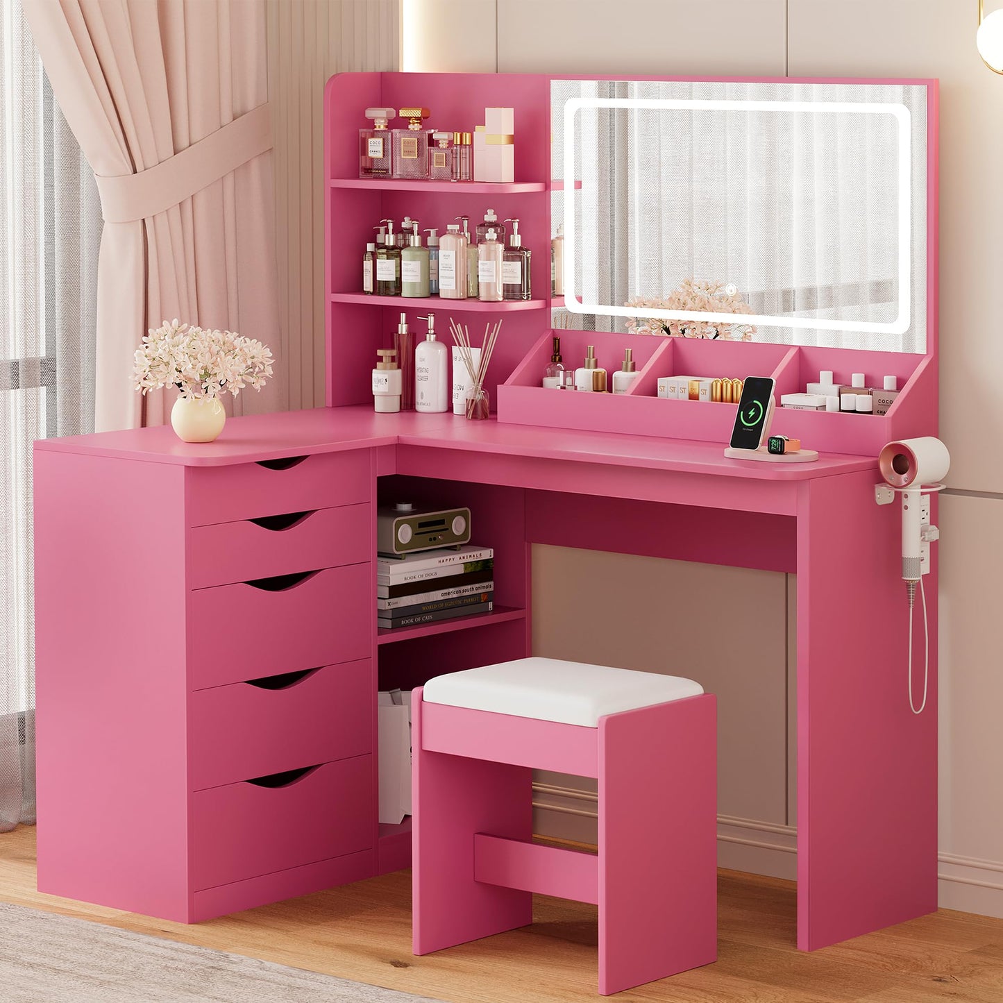 YESHOMY Vanity Desk with Lights and Mirror, L Shaped Makeup Table, Dresser with Hairdryer Holder and Power Outlet, Adjustable 3 Lighting Modes, 5 Drawers and Adjustabled Open Storage Shelves, Pink