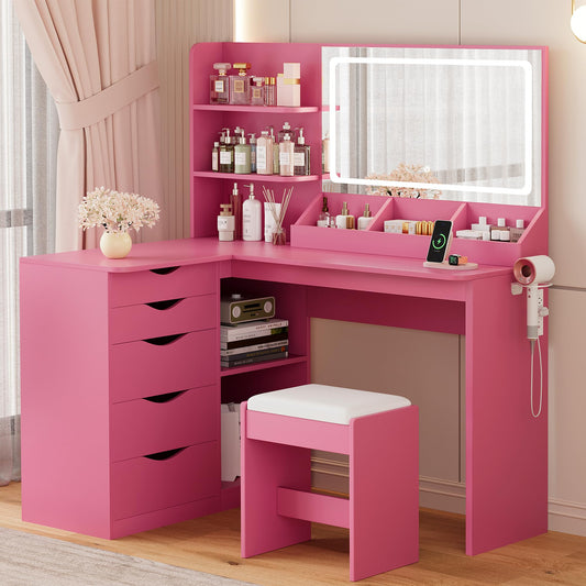 YESHOMY Vanity Desk with Lights and Mirror, L Shaped Makeup Table, Dresser with Hairdryer Holder and Power Outlet, Adjustable 3 Lighting Modes, 5 Drawers and Adjustabled Open Storage Shelves, Pink