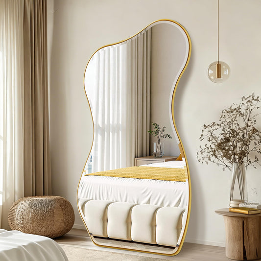 POZINO Irregular Beveled Mirror Full Length, 66.8"x33.5" Asymmetrical Aesthetic Wall Mirror with Metal Frame, Premium Organic Floor Mirrors for Living Room Entryway Cloakroom, Leaning/Wall-Mount