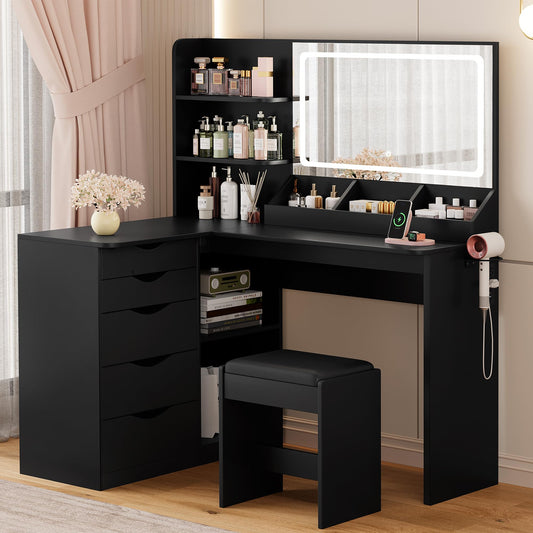 YESHOMY Vanity Desk with Lights and Mirror, L Shaped Makeup Table, Dresser with Hairdryer Holder and Power Outlet, Adjustable 3 Lighting Modes, 5 Drawers and Adjustabled Open Storage Shelves, Black