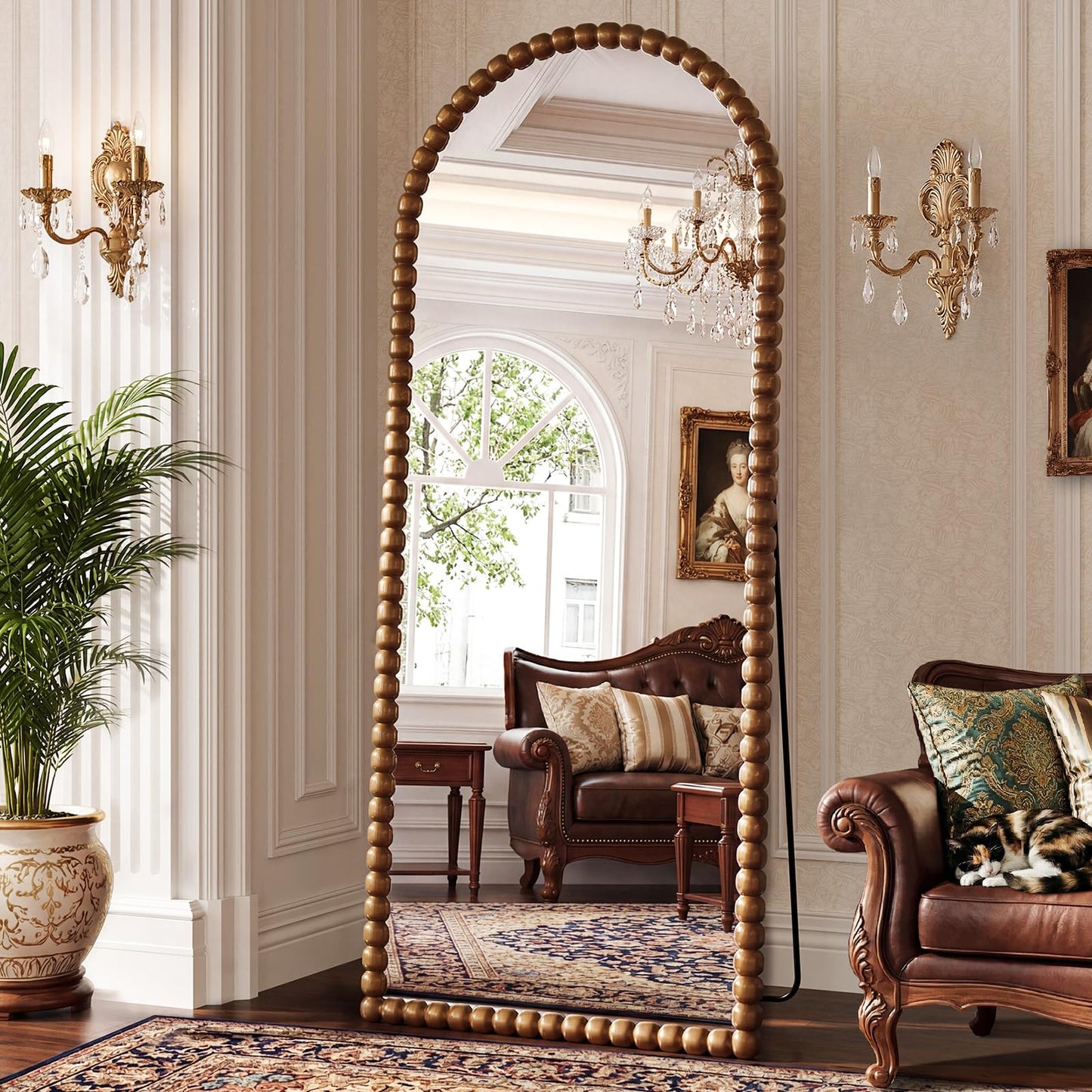 FlyEcho Arched Full Length Mirror, 71"x28" Antique Beaded Full Body Mirrors, Large Floor Mirror with Stand, Hanging Mounted for Bedroom Living Room Cloakroom Hallway Decor, PU Frame, Brown