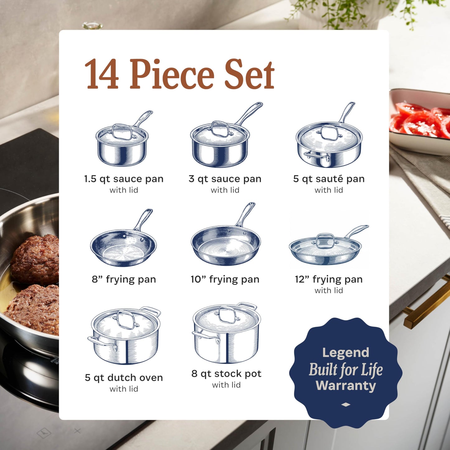 LEGEND COOKWARE 5-Ply Stainless Steel Cookware Set, 14-Piece Pots and Pans Set - Induction Compatible, Oven Safe 800°F - Non-Toxic, No Coatings - Built to Last Generations