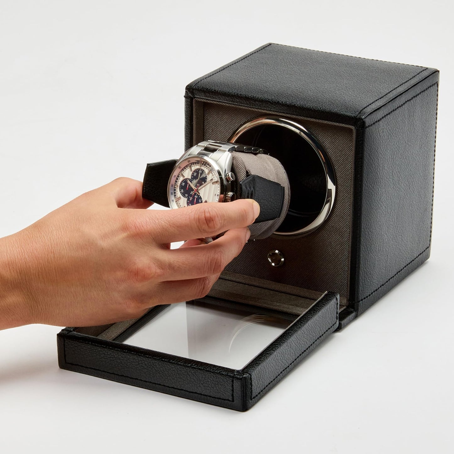 Wolf Cub Single Watch Winder with Glass Cover, Black - Secure Fit with Patented Lock-in Dynamic Cuff - Accommodates All Wrist Sizes - Vegan Leather - Includes Universal Adapter