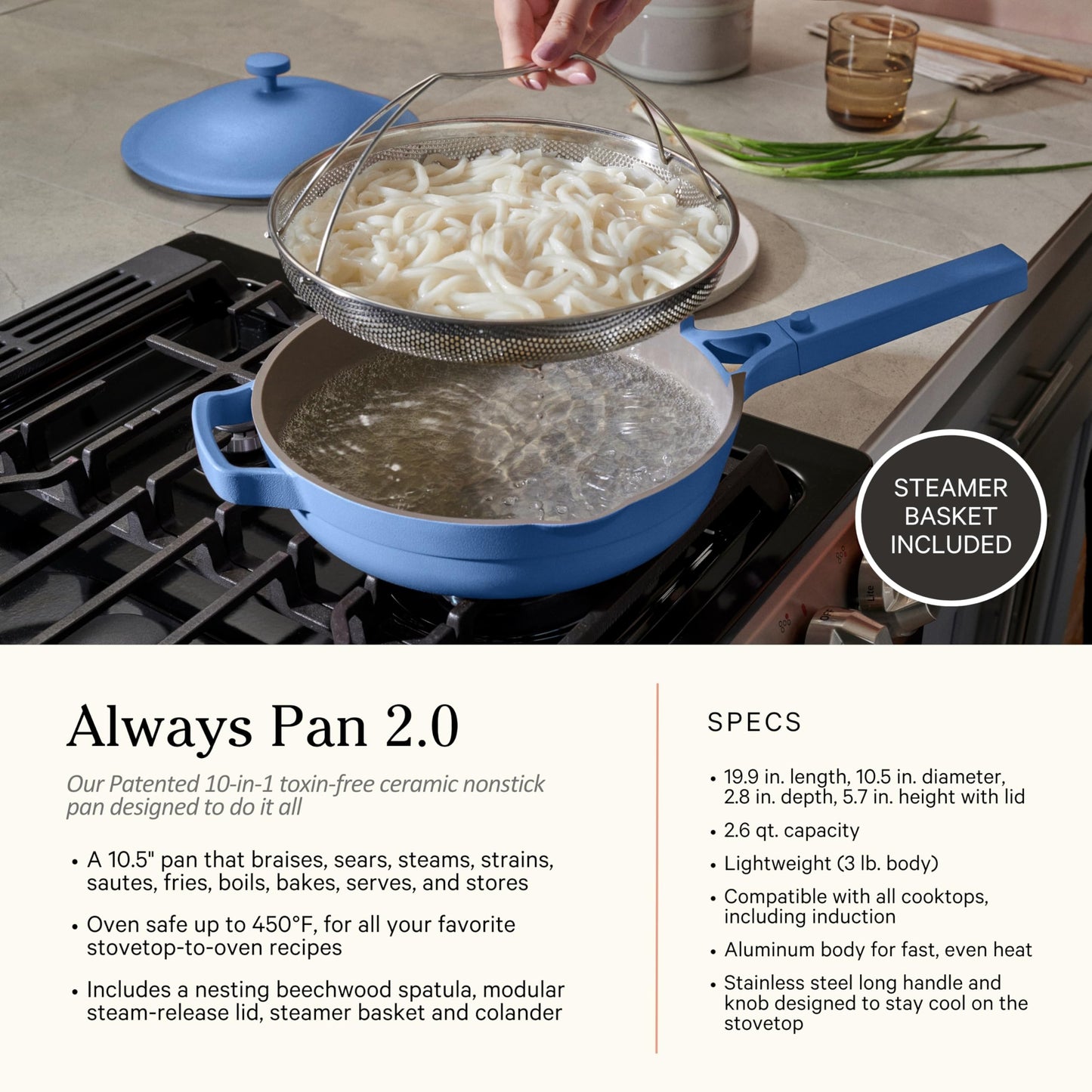 Our Place Cookware Duo | 7-Piece Ceramic Cookware Set with 10.5" Always Pan 2.0, 5.5 Qt Perfect Pot & Strainer Basket | Induction & Oven Safe up to 450°F | Nonstick, Non-Toxic | Forget-Me-Not Blue